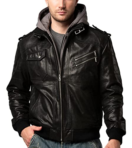 FLAVOR, Braune Herren-Motorradjacke aus Leder mit abnehmbarer Kapuze, Schwarz + Grau, 6XL Groß Tall von FLAVOR