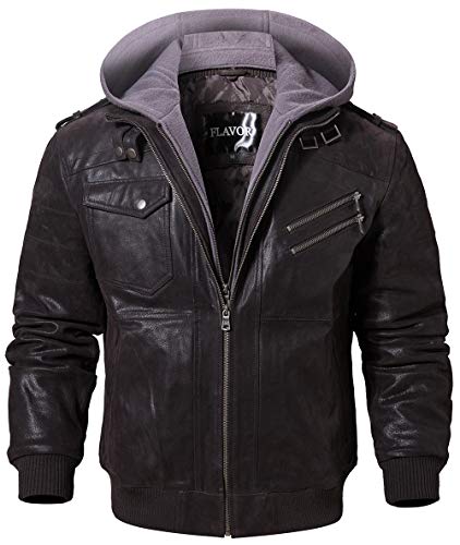FLAVOR, Braune Herren-Motorradjacke aus Leder mit abnehmbarer Kapuze, L von FLAVOR