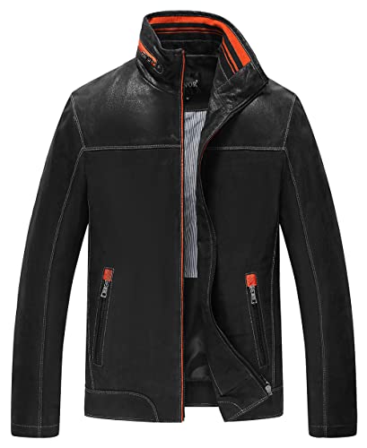 FLAVOR Echtes Leder Herren Lederjacke Stehkragen Blau Lässig (2XL, Schwarz) von FLAVOR