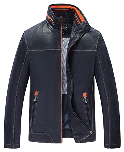 FLAVOR Echtes Leder Herren Lederjacke Stehkragen Blau Lässig (M, Blau) von FLAVOR