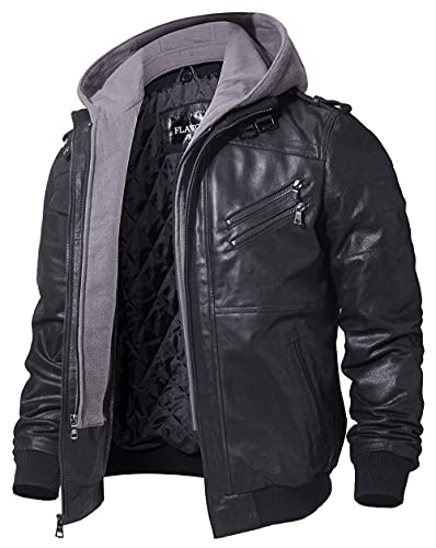 FLAVOR Echtes Lederjacke Herren Abnehmbarer Hoodie (3Xl, Schwarz+Grau) von FLAVOR