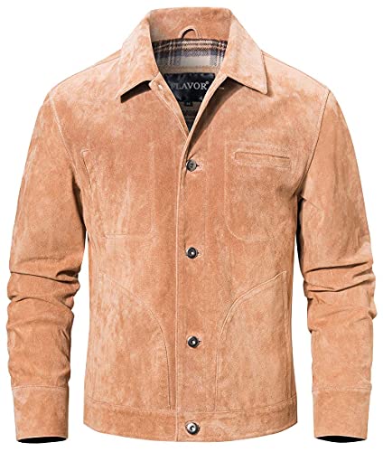 FLAVOR Echtes Lederjacke Herren Wildleder Trucker Coat (M, Beige) von FLAVOR