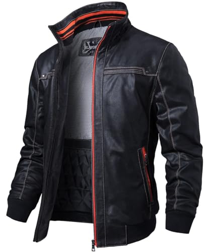 FLAVOR Herren Echtes Leder Lederjacke Stehkragen Jacken (3XL, Schwarz) von FLAVOR