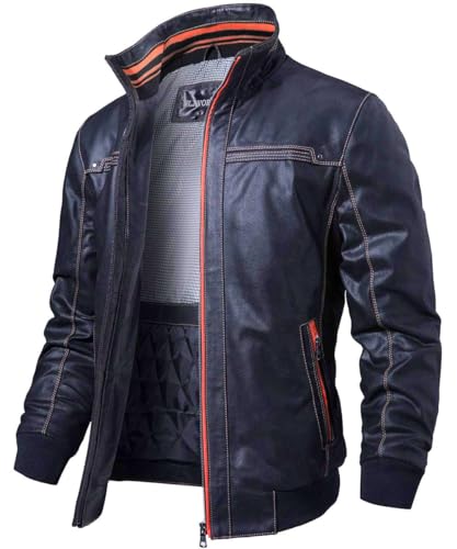 FLAVOR Herren Echtes Leder Lederjacke Stehkragen Jacken (XL, Blau) von FLAVOR