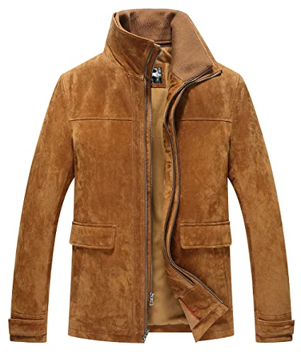 FLAVOR Herren Lederjacke Wildleder Jacke Baumwolle Gefüttert Mit Abnehmbares Kragen Freizeitjacke (2XL, Braun) von FLAVOR