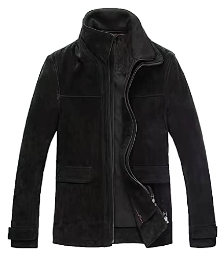 FLAVOR Herren Lederjacke Wildleder Jacke Baumwolle Gefüttert Mit Abnehmbares Kragen Freizeitjacke (2XL, Schwarz) von FLAVOR