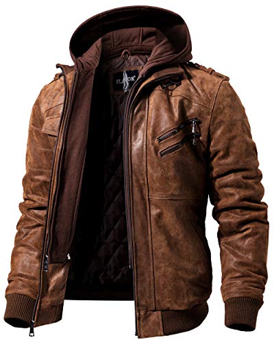 FLAVOR, Braune Herren-Motorradjacke aus Leder mit abnehmbarer Kapuze, Braun, 4XL Groß FLAVOR, Braune Herren-Motorradjacke aus Leder mit abnehmbarer Kapuze, Braun, 4XL Groß von FLAVOR