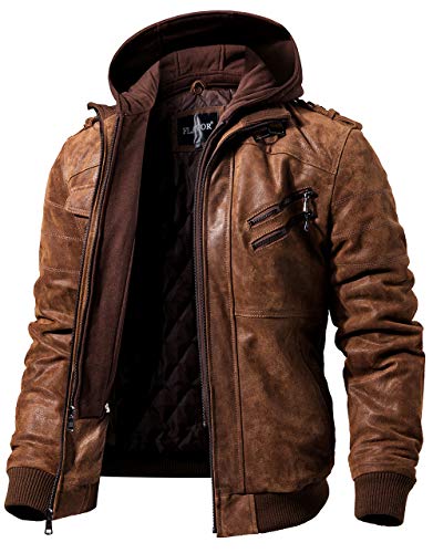 FLAVOR Herren braune Leder Motorradjacke mit Abnehmbarer Kapuze medium (us-Norm) braun von FLAVOR