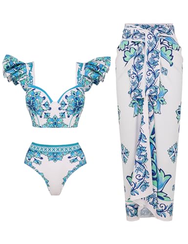 FLAXMAKER Celadon-Muster Badeanzug mit hochelastischen Rückenträgern Bikini-Set mit Rock/Sarong, Blaues und weißes Set, S von FLAXMAKER