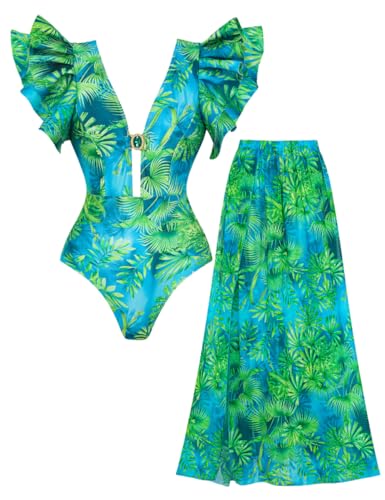 FLAXMAKER Damen Bademode Ruffle Shoulder Badeanzug und Rock/Sarong, Grünes Set, L von FLAXMAKER