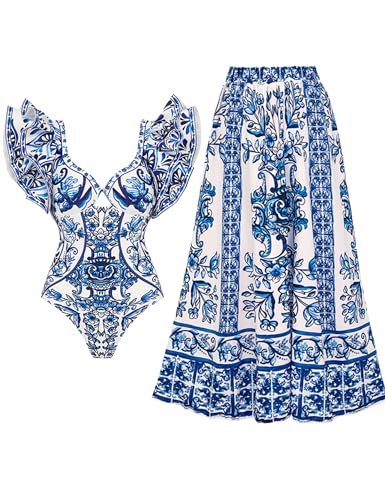 FLAXMAKER Damen Bademode Ruffle Shoulder Badeanzug und Rock/Sarong von FLAXMAKER
