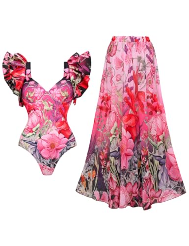 FLAXMAKER Damen Bademode Ruffle Shoulder Badeanzug und Rock/Sarong von FLAXMAKER