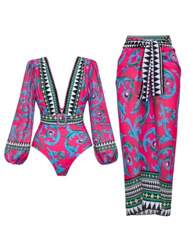 FLAXMAKER Frauen Lange Ärmel Tiefer V-Ausschnitt Trauben Print Gepolsterter Badeanzug mit Rock,L, Rosa von FLAXMAKER