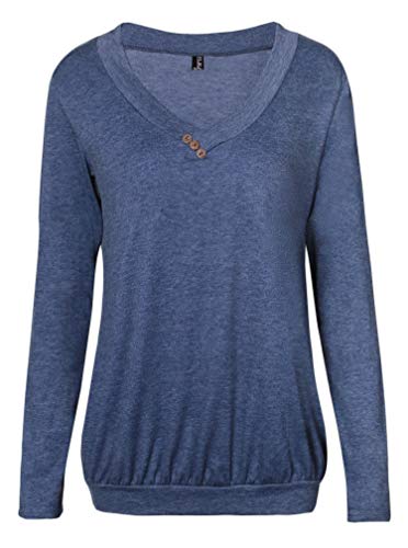 FLEASEE Damen Casual Langarm-T-Shirt V Ausschnitt Langarmshirt Bluse Lady Basic Longsleeve Oberteile Tops, Navy Blau, XXL von FLEASEE