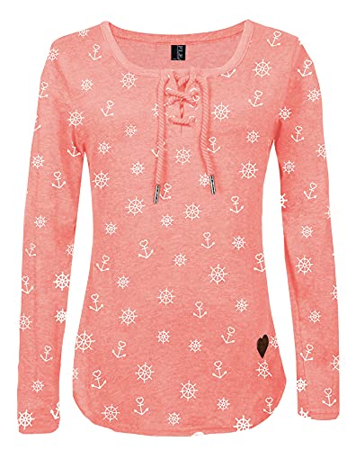 FLEASEE Damen Langarmshirt Rundhals Langarm Oberteile Longshirt Anker Allover Druck mit Kordeln Elegant Bluse Tops, Rosa, L von FLEASEE