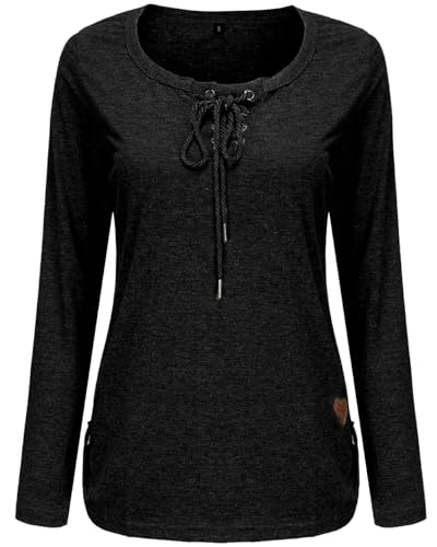 FLEASEE Damen Langarmshirt Rundhals Langarm Oberteile Longshirt Anker Allover Druck mit Kordeln Elegant Bluse Tops, Schwarz-Uni, L von FLEASEE