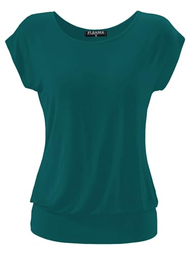 FLEASEE Damen T-Shirt Kurz Ärmel Bluse Stretch Lässig Tunika Allover Druck Oberteile Top M Pfau Blau von FLEASEE