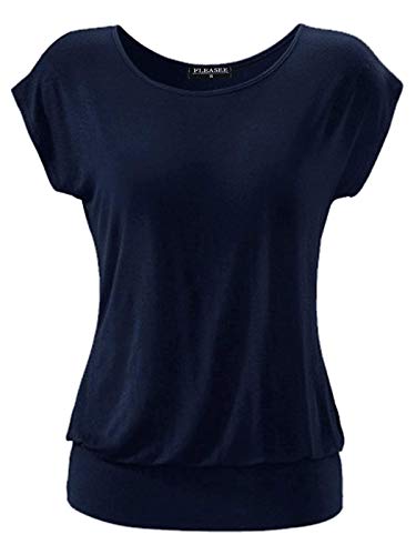 FLEASEE Damen T-Shirt Kurz Ärmel Bluse Stretch Lässig Tunika Allover Druck Oberteile Top XL Dunkel Blau von FLEASEE