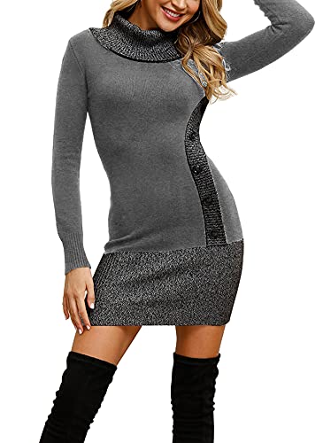 Fleasee Damen Elegant Pullover Kleid Rollkragen Jumper Kleid Sexy Partykleid Warme Wickelkleid Strickpullover für Winter Grau,Grau M von FLEASEE