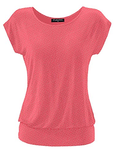 Fleasee Damen T-Shirt Kurz Ärmel Bluse Stretch Lässig Tunika Allover Druck Oberteile Top XL Pink Gepunktet von FLEASEE