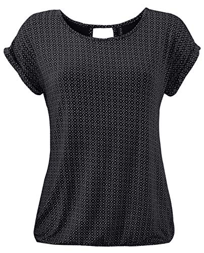 Fleasee Damen T-Shirt Rundhals Kurzarmshirt mit Allover Druck Sommer Bluse Casual Top, Schwarz, L von FLEASEE