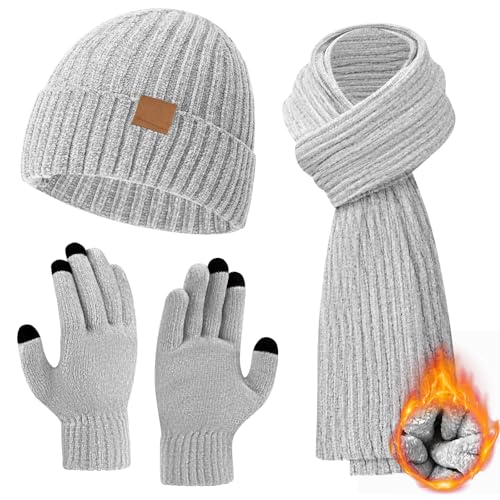 Hellgrau Mütze Schal Handschuhe Set für Damen und Herren - Touchscreen Winterhandschuhe, Wintermütze, Winterschal - Geschenke für Frauen zu Weihnachten von FLEERNIO