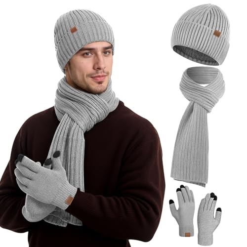 FLEERNIO Herren Winter Mütze Schal Touchscreen Handschuhe Set Thermo Beanie Wintermütze Strickmütze Winterschal Winterhandschuhe Geschenk für Männer von FLEERNIO