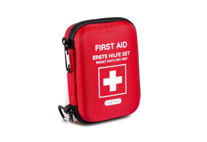 FLEXEO Erste-Hilfe-Set Traveller DIN 13167, (1 St), kompaktes Notfallset mit Karabinerhaken für Motorrad, Wandern, Fahrrad von FLEXEO