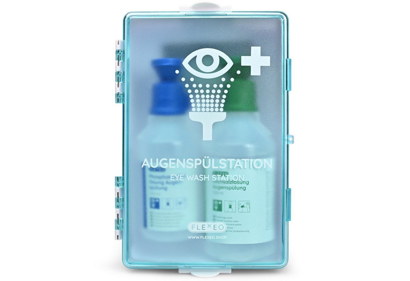 FLEXEO Erste-Hilfe-Set Augenspülstation inkl. 500ml NaCl 250ml Phosphatpufferlösung, (1 St), Augenspüllösung mit Wandhalterung von FLEXEO