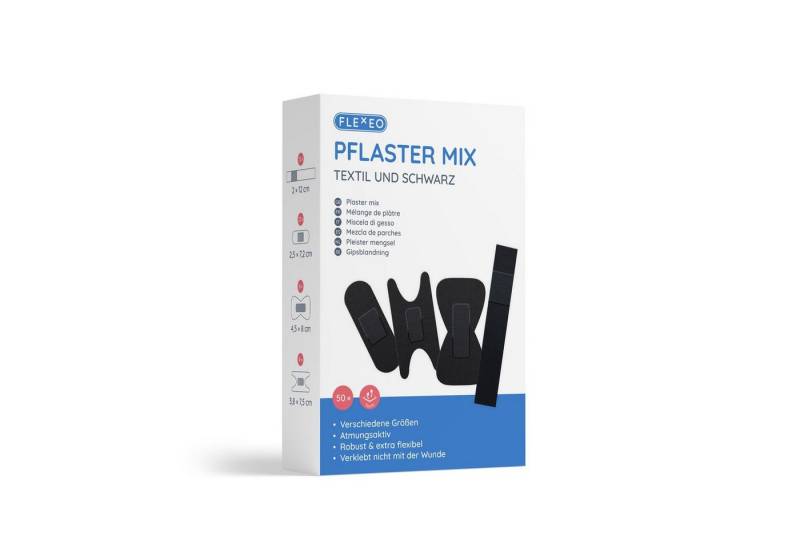 FLEXEO Wundpflaster Pflaster Mix (50 St), Pflastersortiment Textil schwarz, 50 Stk von FLEXEO