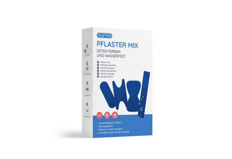 FLEXEO Wundpflaster Pflaster Mix (50 St), Pflastersortiment detektierbar wasserfest blau, 50 Stk von FLEXEO