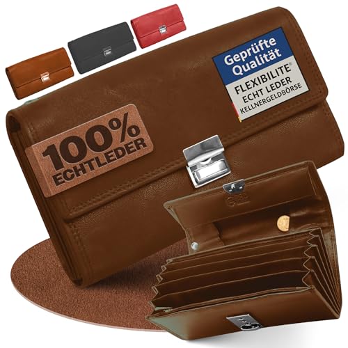 FLEXIBILITE Kellner Geldbörse Kellnerportemonnaie Echt Leder Zertifiziert [2025] RFID | Kellnerbörse Kellnergeldbeutel aus Leder | Bedienungsgeldbeutel Taxi Portemonnaie Braun von FLEXIBILITE