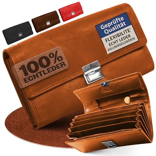 FLEXIBILITE Kellner Geldbörse Kellnerportemonnaie Echt Leder Zertifiziert [2025] RFID | Kellnerbörse Kellnergeldbeutel aus Leder | Bedienungsgeldbeutel Taxi Portemonnaie Cognac von FLEXIBILITE