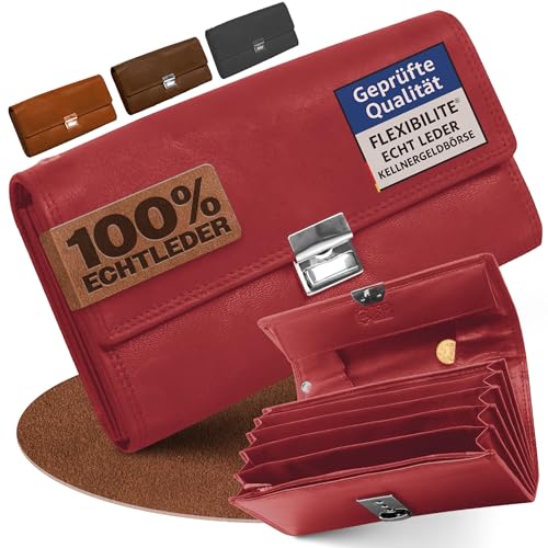 FLEXIBILITE Kellner Geldbörse Kellnerportemonnaie Echt Leder Zertifiziert [2025] RFID | Kellnerbörse Kellnergeldbeutel aus Leder | Bedienungsgeldbeutel Taxi Portemonnaie Rot von FLEXIBILITE