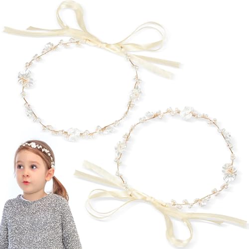 FLEXNOVA 2 Stück Blumenmädchen Haarschmuck, Haarschmuck Kommunion Mädchen Haarkranz Kinder Blumenkranz Kopfschmuck Kommunion Braut Kopfschmuck Weiß mit Perle Haarreifen für Mädchen Hochzeit von FLEXNOVA