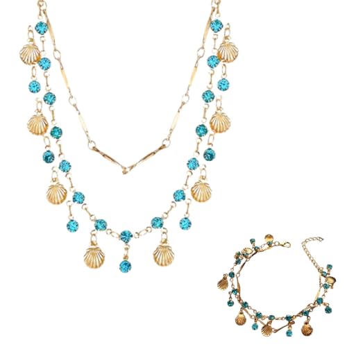 FLFXYFB Gold Shell Necklace for Women Blue Zircon Shell Choker Necklaces Metal Shells Double Layered Necklaces Summer Beach Jewelry for Women (2PCS) von FLFXYFB
