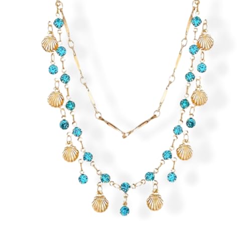 FLFXYFB Gold Shell Necklace for Women Blue Zircon Shell Choker Necklaces Metal Shells Double Layered Necklaces Summer Beach Jewelry for Women (Necklace) von FLFXYFB