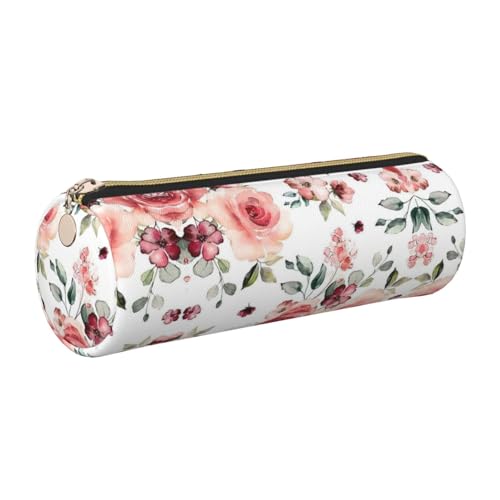 FLGHJNBJN Federmäppchen aus Leder, Motiv: Blühende Rosenblüten, niedliches Leder-Federmäppchen, umweltfreundlich, Kreuznarbenleder, glatter Reißverschluss, große Kapazität, Zylindertasche, gold von FLGHJNBJN