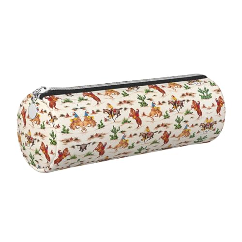 FLGHJNBJN Federmäppchen aus Leder, Motiv: Cowboy-Reiter, niedliches Leder-Federmäppchen, umweltfreundlich, Kreuznarbenleder, glatter Reißverschluss, große Kapazität, Zylindertasche, silber von FLGHJNBJN