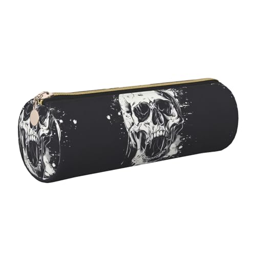 FLGHJNBJN Federmäppchen aus Leder, Motiv: Horror, Geisterschädel, niedliches Leder-Federmäppchen, umweltfreundlich, Kreuznarbenleder, glatter Reißverschluss, große Kapazität, Zylindertasche, gold von FLGHJNBJN