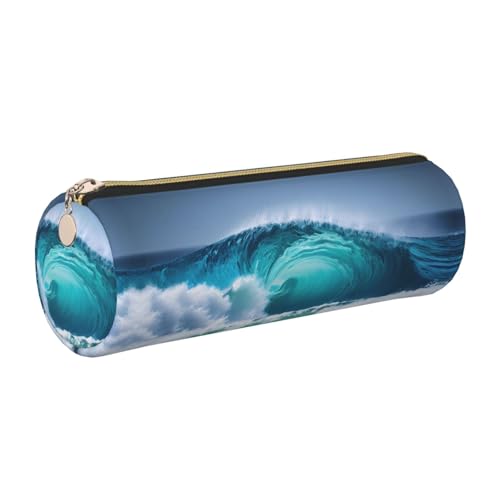 FLGHJNBJN Federmäppchen aus Leder, Motiv: Ozeanwelle, umweltfreundlich, gekreuztes Leder, glatter Reißverschluss, große Kapazität, Zylindertasche, gold, Einheitsgröße, Kartenhalter von FLGHJNBJN