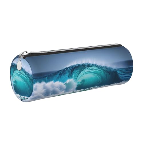 FLGHJNBJN Federmäppchen aus Leder, Motiv: Ozeanwelle, umweltfreundlich, gekreuztes Leder, glatter Reißverschluss, große Kapazität, Zylindertasche, silber, Einheitsgröße, Kartenhalter von FLGHJNBJN