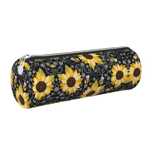 FLGHJNBJN Federmäppchen aus Leder, Motiv: Sonnenblumen-Biene, niedliches Leder, umweltfreundlich, Kreuznarbenleder, glatter Reißverschluss, große Kapazität, Zylindertasche, silber, Einheitsgröße von FLGHJNBJN