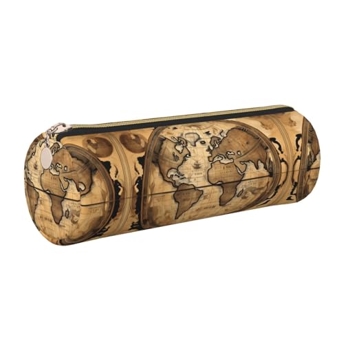 FLGHJNBJN Federmäppchen aus Leder, Motiv: Weltkugel, niedliches Leder-Federmäppchen, umweltfreundlich, Kreuznarbenleder, glatter Reißverschluss, große Kapazität, Zylindertasche, gold, Einheitsgröße von FLGHJNBJN