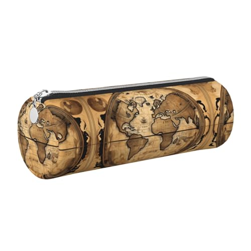 FLGHJNBJN Federmäppchen aus Leder, Motiv: Weltkugel, niedliches Leder-Federmäppchen, umweltfreundlich, Kreuznarbenleder, glatter Reißverschluss, große Kapazität, Zylindertasche, silber, Einheitsgröße von FLGHJNBJN