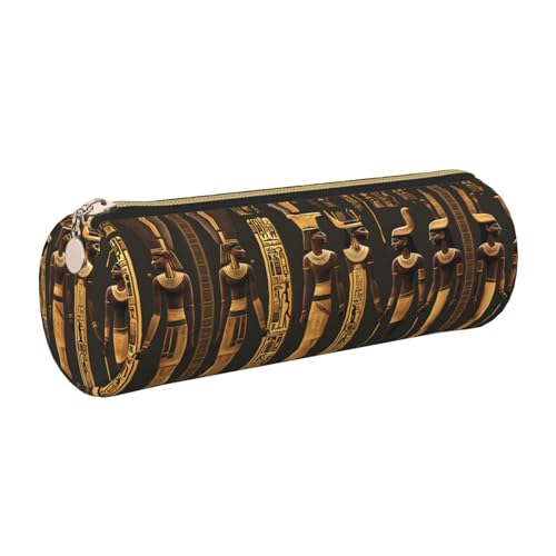 FLGHJNBJN Federmäppchen aus Leder, Motiv: altägyptische Hieroglyphe, niedliches Leder-Federmäppchen, umweltfreundlich, Kreuznarbenleder, glatter Reißverschluss, große Kapazität, Zylindertasche, gold von FLGHJNBJN