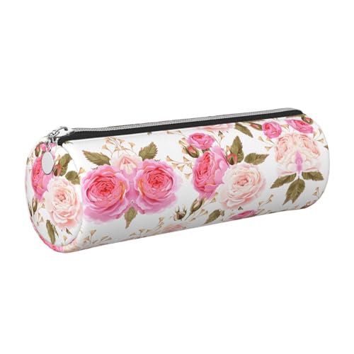 FLGHJNBJN Federmäppchen aus Leder, mit Blumenmuster, Rosa, niedliches Leder-Federmäppchen, umweltfreundlich, Kreuznarbenleder, glatter Reißverschluss, große Kapazität, Zylindertasche, silber von FLGHJNBJN