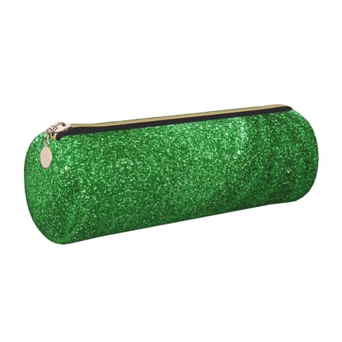 FLGHJNBJN Federmäppchen aus Leder, mit grünen Pailletten, glitzernd, niedliches Leder-Federmäppchen, umweltfreundlich, Kreuznarbenleder, glatter Reißverschluss, große Kapazität, Zylindertasche, gold von FLGHJNBJN
