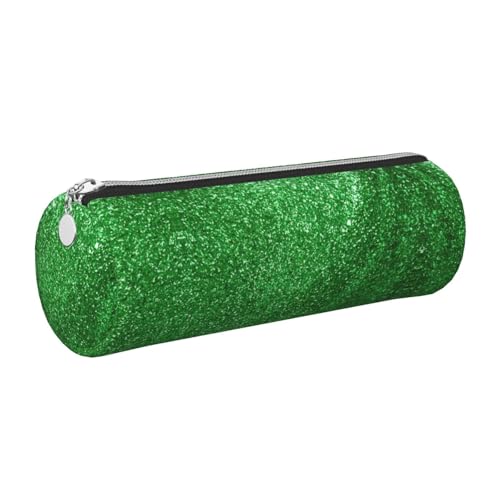 FLGHJNBJN Federmäppchen aus Leder, mit grünen Pailletten, glitzernd, niedliches Leder-Federmäppchen, umweltfreundlich, Kreuznarbenleder, glatter Reißverschluss, große Kapazität, Zylindertasche, silber von FLGHJNBJN