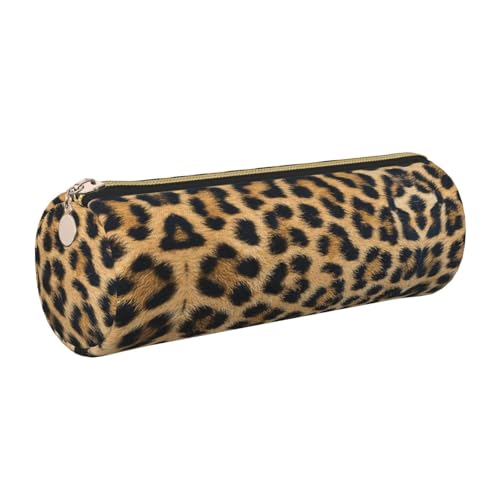 FLGHJNBJN Federmäppchen aus Leder, raues Leopardenmuster, niedliches Leder-Federmäppchen, umweltfreundlich, Kreuznarbenleder, glatter Reißverschluss, große Kapazität, Zylindertasche, gold von FLGHJNBJN